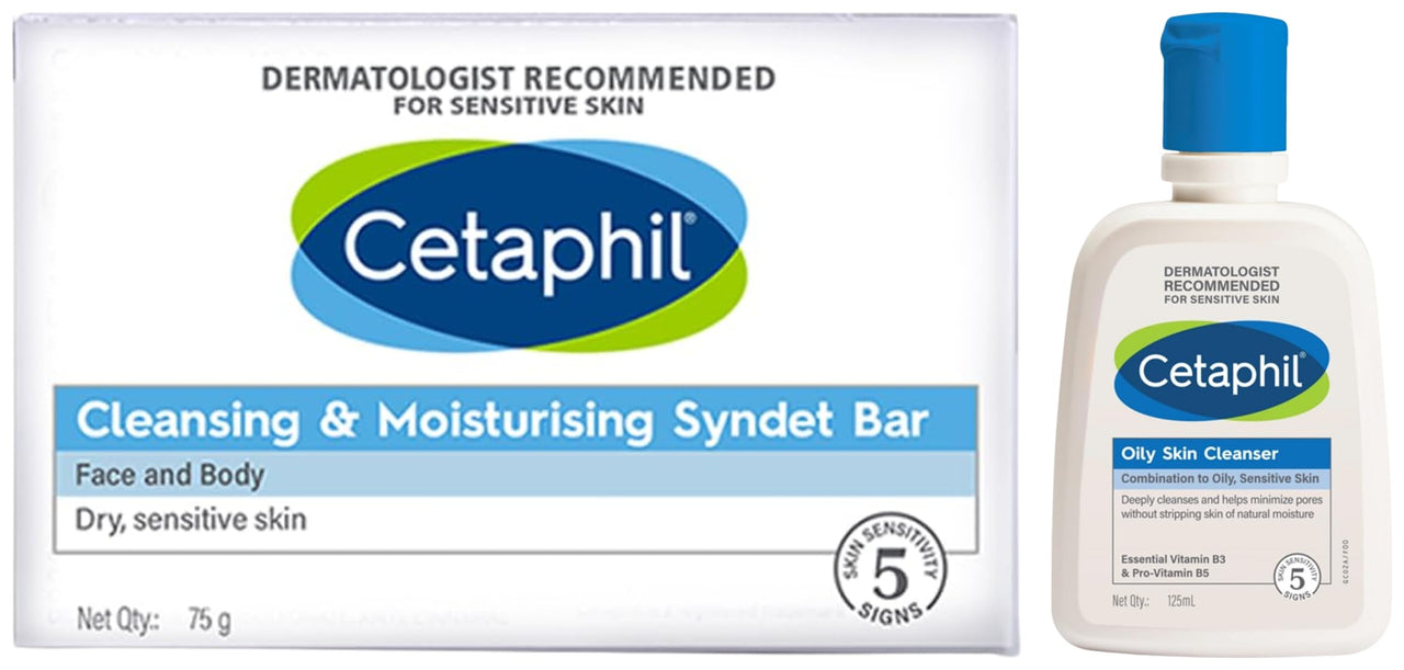 Cetaphil Oily Skin Cleanser, Daily Face Wash For Oily, Acne Prone Skin, Gentle Foaming, 125Ml VVF India Cleansing And Moisturising Syndet Bar, 75g