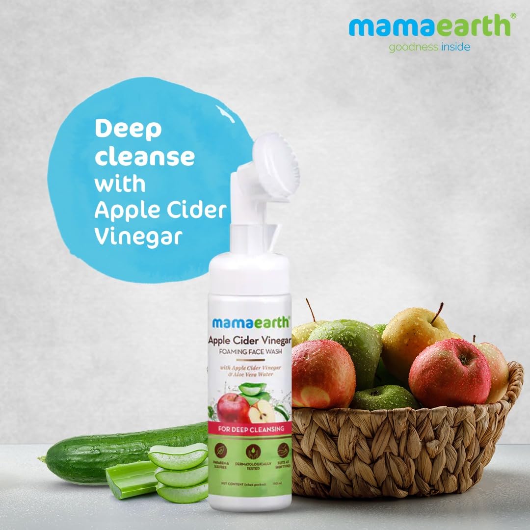 Mamaearth Apple Cider Vinegar Foaming Face Wash with Apple Cider Vinegar & Aloe Vera Water, ACV Foaming Face Wash with Brush for Deep Cleansing - 150ml