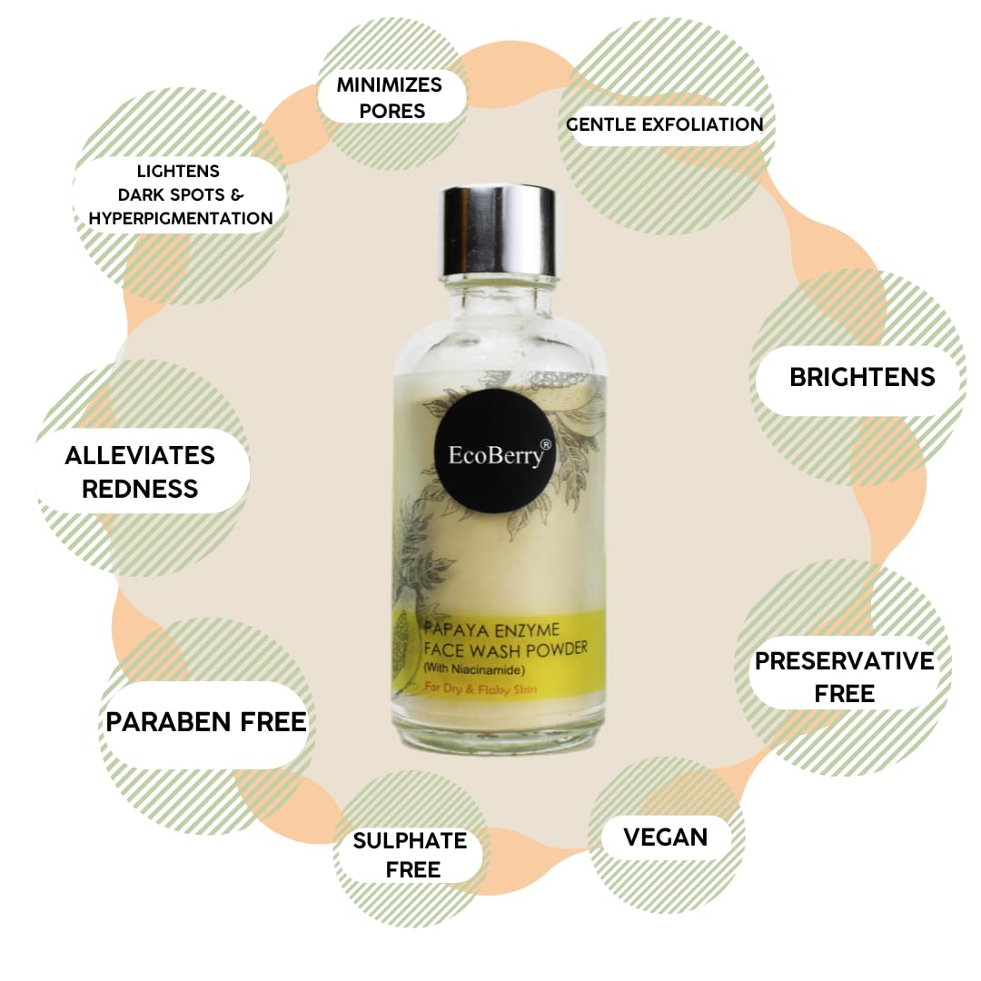 EcoBerry Papaya Enzyme Face Wash Powder | Talc Free, Hypoallergenic, Sensitive Skin 100% Pure, Organic | Natural | Alcohol Free | Preservative Free | Chemical Free | Vegan 30g