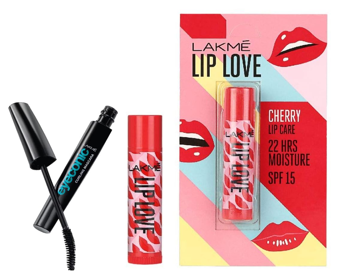 Lakmé Eyeconic Lash Curling Mascara, Black, 9ml And Lakmé Lip Love Chapstick, Spf15, Cherry, 4.5 g