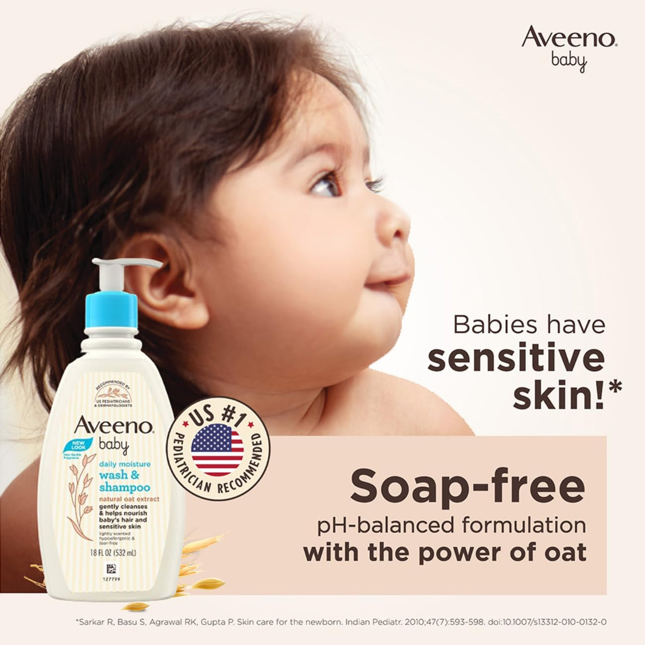 Aveeno Baby Daily Moisture Wash & Shampoo | Gentle Cleanser for Head to Toe | Tear Free & Soap Free Formula with Active Natural Oats | for Dry & Sensitive Skin | US Pediatrician Recommended, 532ml