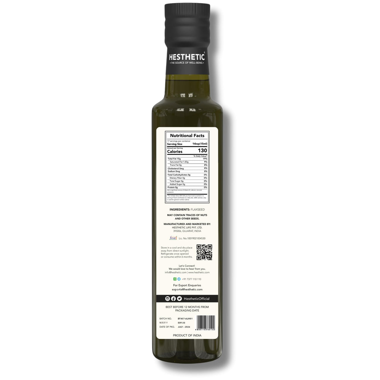 HESTHETIC Virgin Cold Pressed Flaxseed (Alsi) Oil | 100% Pure & Natural - 250 ml | Glass Bottle