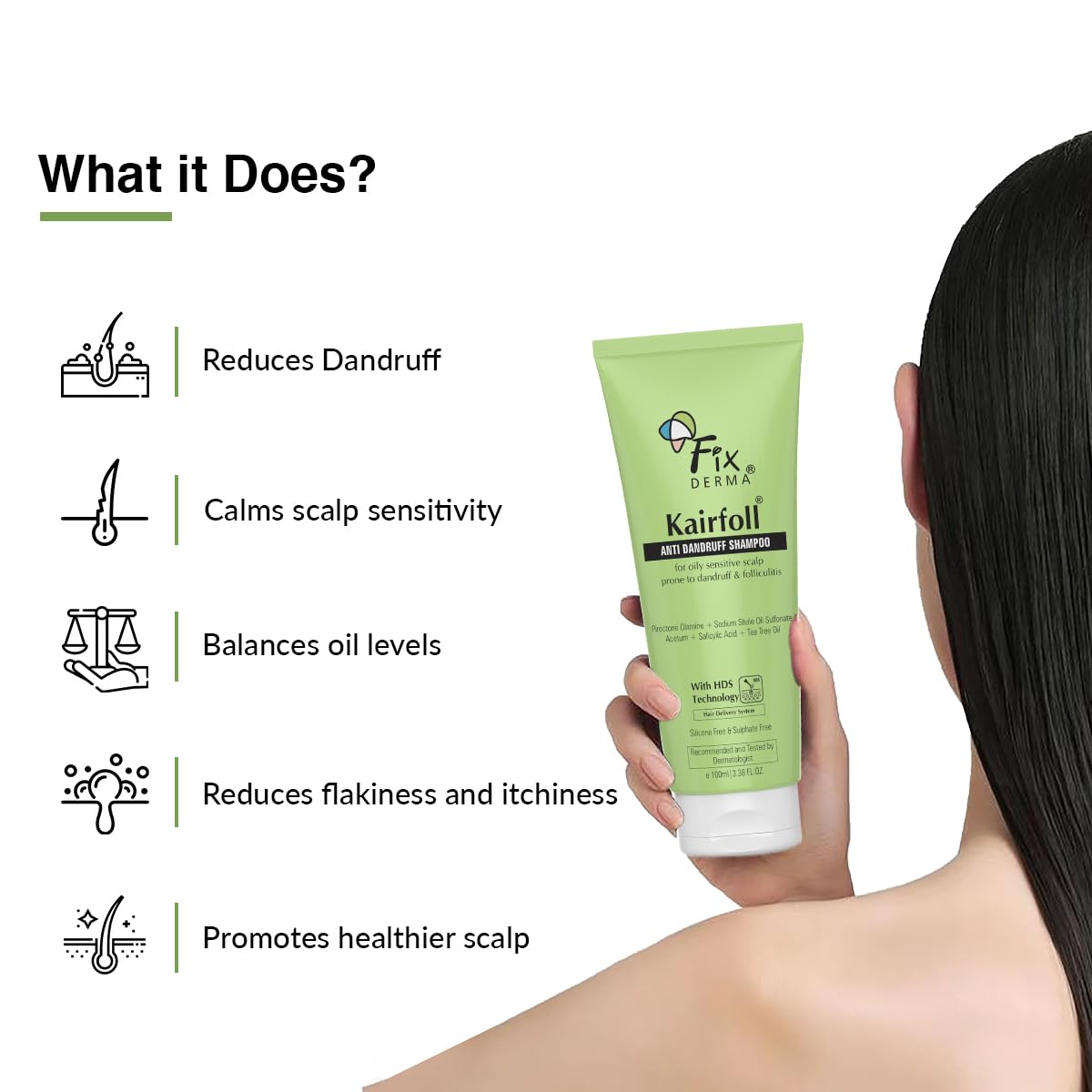 Fixderma Kairfoll Anti Dandruff Shampoo for Oily Sensitive Scalp Prone to Dandruff & Folliculitis | Anti Dandruff Shampoo for Women & Men | Salicylic Acid for Hair Fall | Sulphate Free Shampoo - 100ml