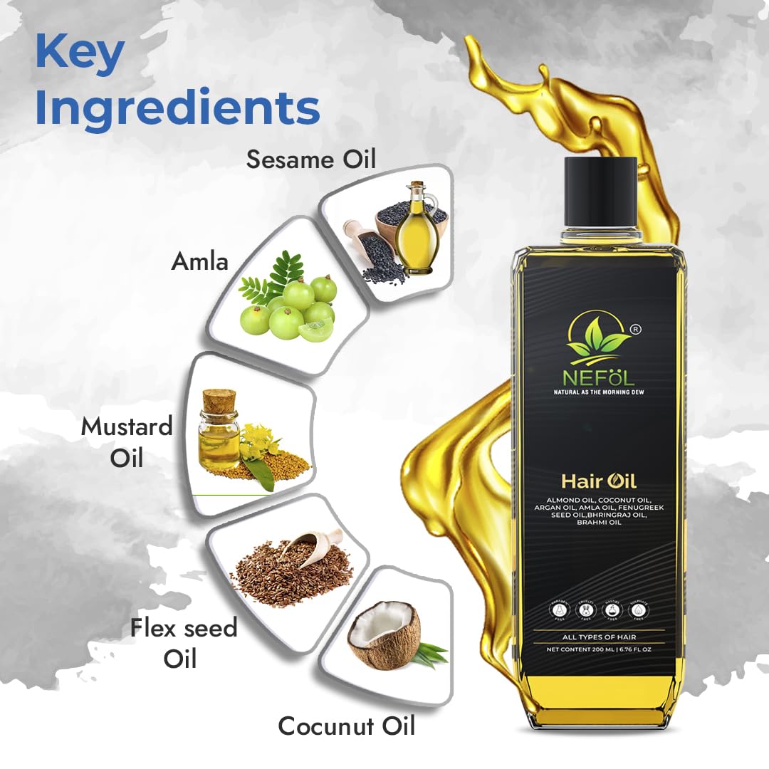 Nefol Hair Oil with Sesame, Amla, Flaxseed, Coconut, Mustard & Argan Oils - Prevents Dandruff, Strengthens Hair, Promotes Growth (For Women & Men) - 200ml