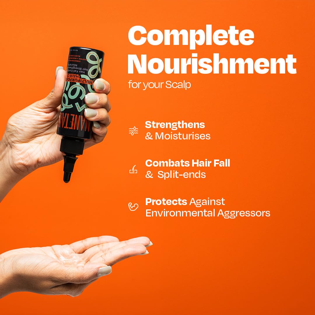 MANETAIN Multipurpose Hair Oil 100ml for Curly Hair, Wavy Hair | Nourishing Elixir for Hair Fall | Frizz-fighting & Strengthening with Jamaican Black Castor, Rosemary & Black Seed Oils | Multipurpose Hair Oil with 12 Natural Oils | Lightweight, Non-Greasy