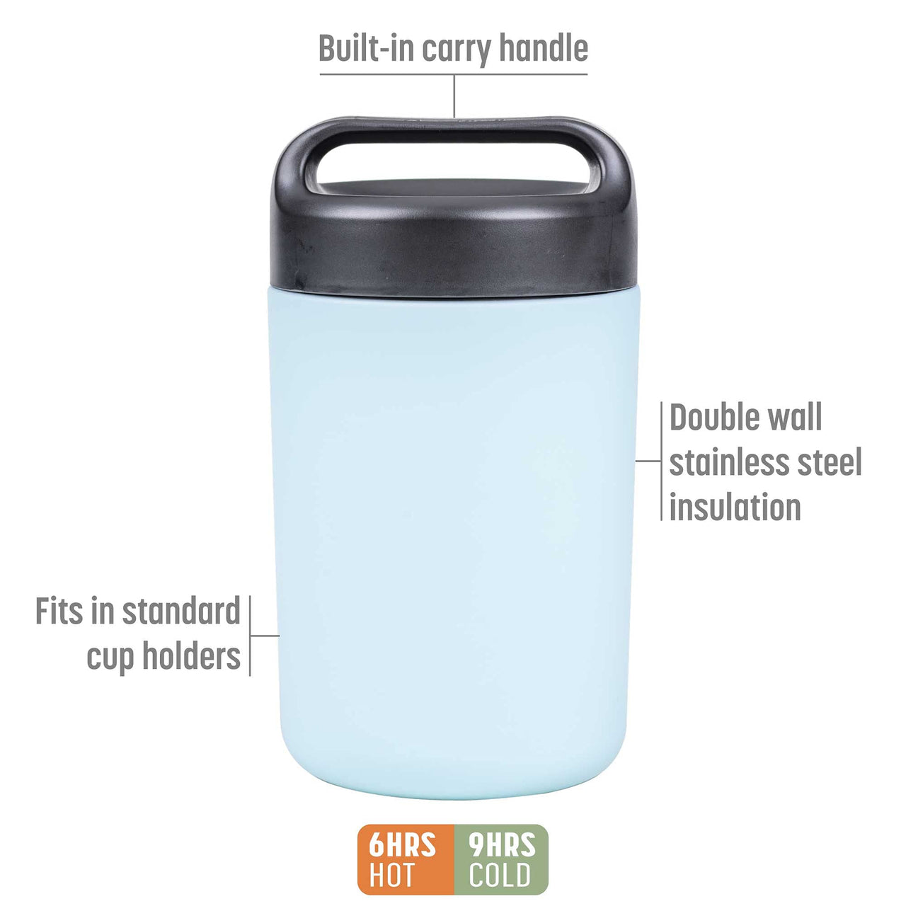 Goodful Vacuum Sealed Insulated Food Jar with Handle Lid, Stainless Steel Thermos, Lunch Container, 16 Oz, Sky Blue
