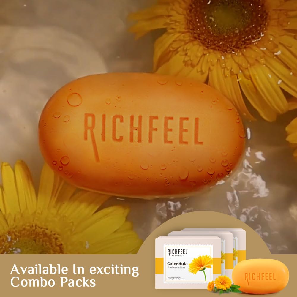 Richfeel Calendula Anti Acne Brightening Soap | Bathing Soaps | Bath Soap for Men & Women | Soaps for Bath | TFM Grade 1 Soap | For Oily Skin | Fades Dark Spots | - 75Gm X 4 (B3G1) Pack of 4