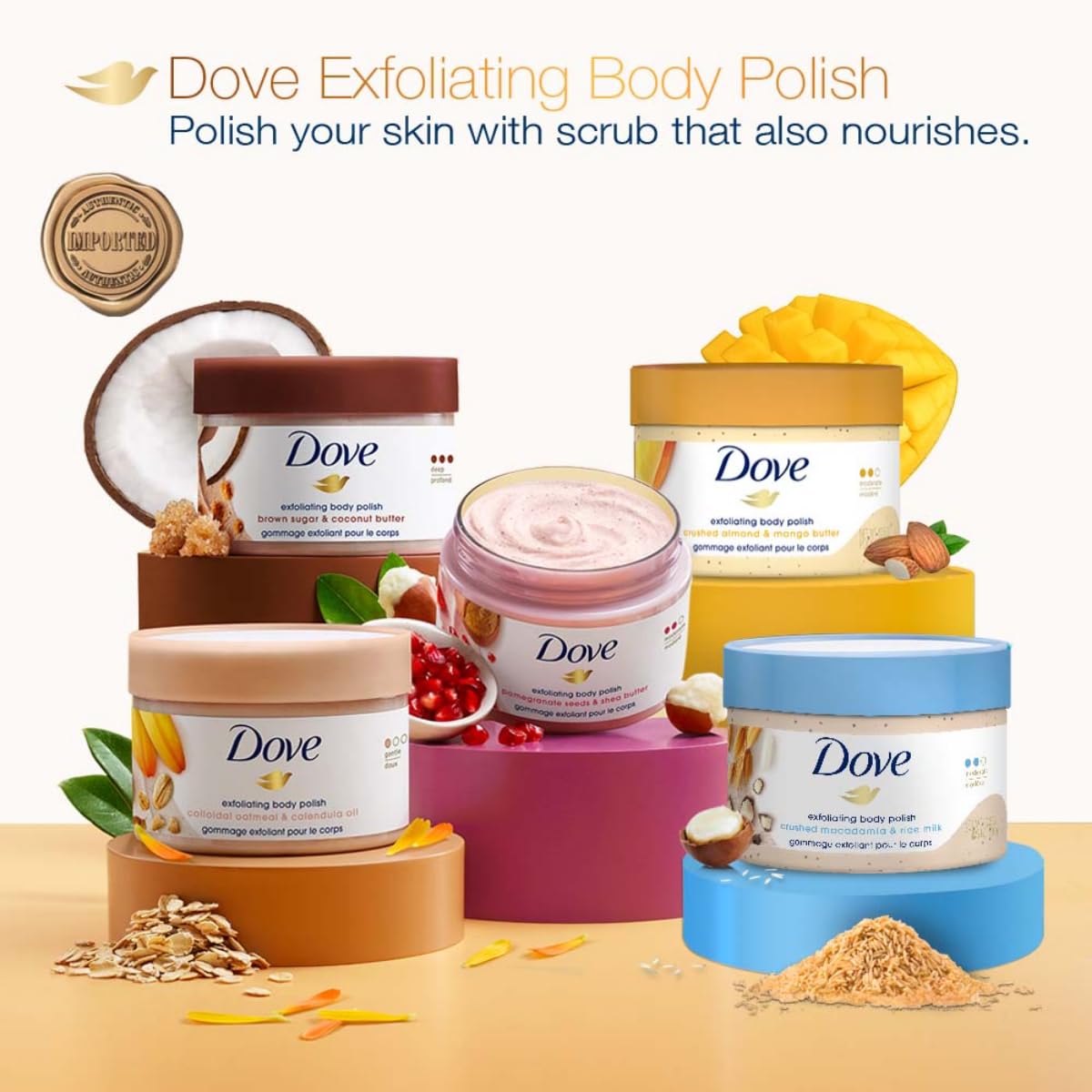 Dove Exfoliating Body Polish| Body Scrub |Deeply Nourishing Crushed Macadamia and Rice Milk |Moisturises & Brightens Skin | Sulphate Free|298gm