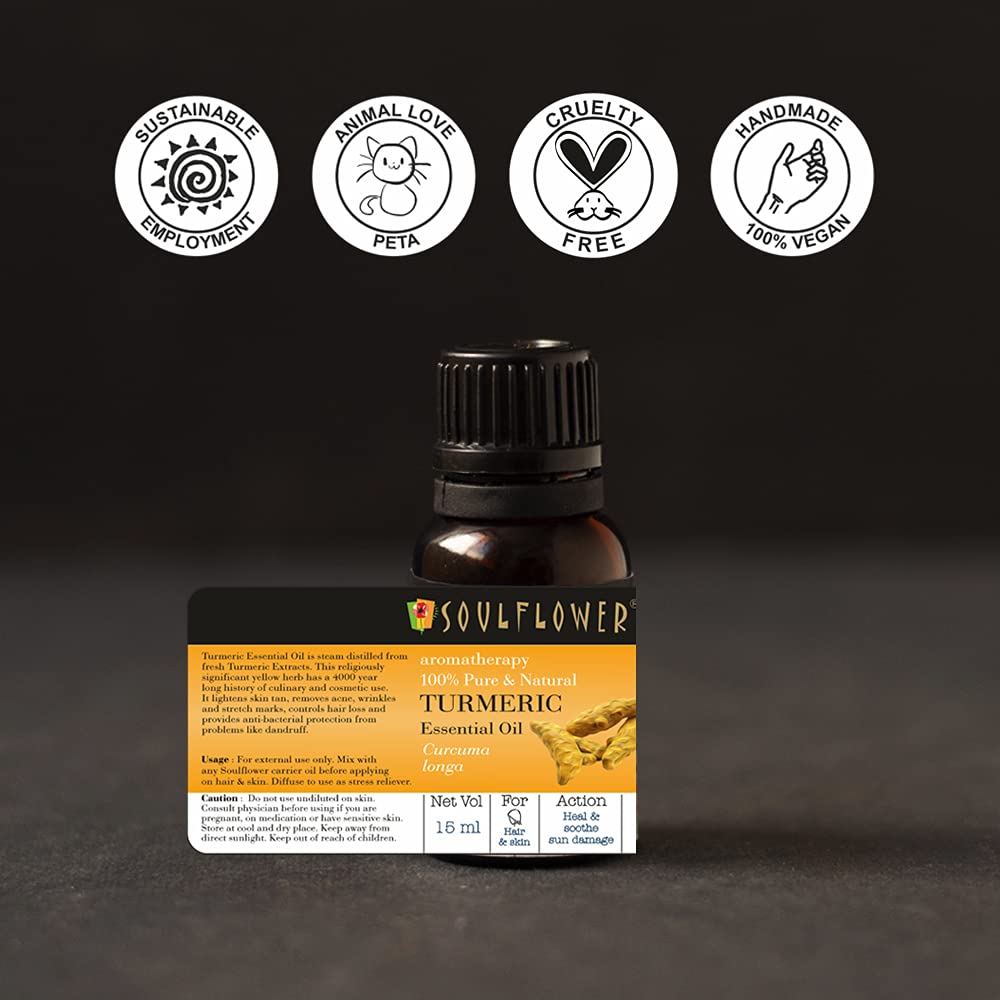 Soulflower Turmeric Essential Oil, 15ml | Skin Acne, Healthy Hair, Scalp, Aromatherapy | 100% Pure, Natural & Undiluted Premium Essential Oil