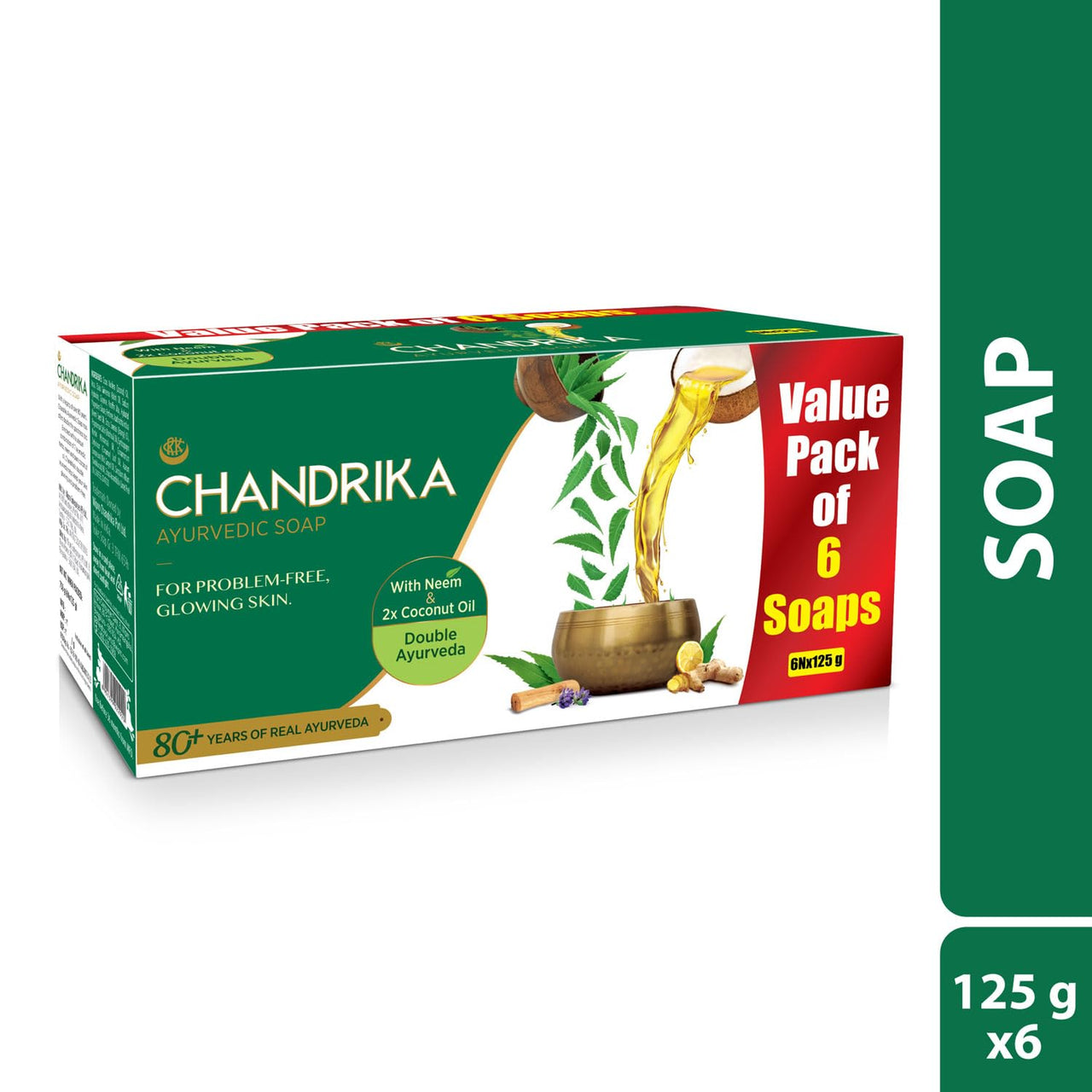Chandrika Ayurvedic Soap Classic| Handmade Soap for Naturally Radiant Skin| For All Skin Types| 125g (Pack of 6)