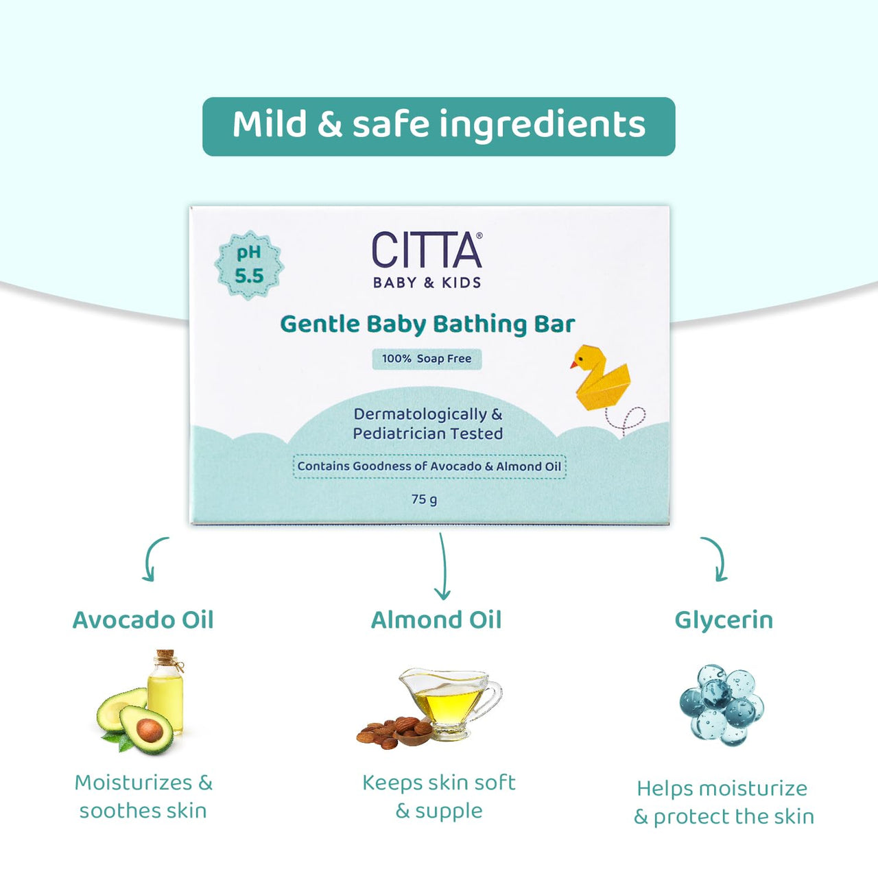 CITTA Gentle Baby Bathing Bar for Sensitive Skin | Newborn & Kids | Cleansing & Moisturizing | 100% Soap Free, Tear-Free | pH balanced | Enriched With Avocado Oil, Almond Oil & Glycerin | Prevents Post-Bath Dryness | 75 gm | Pack of 4