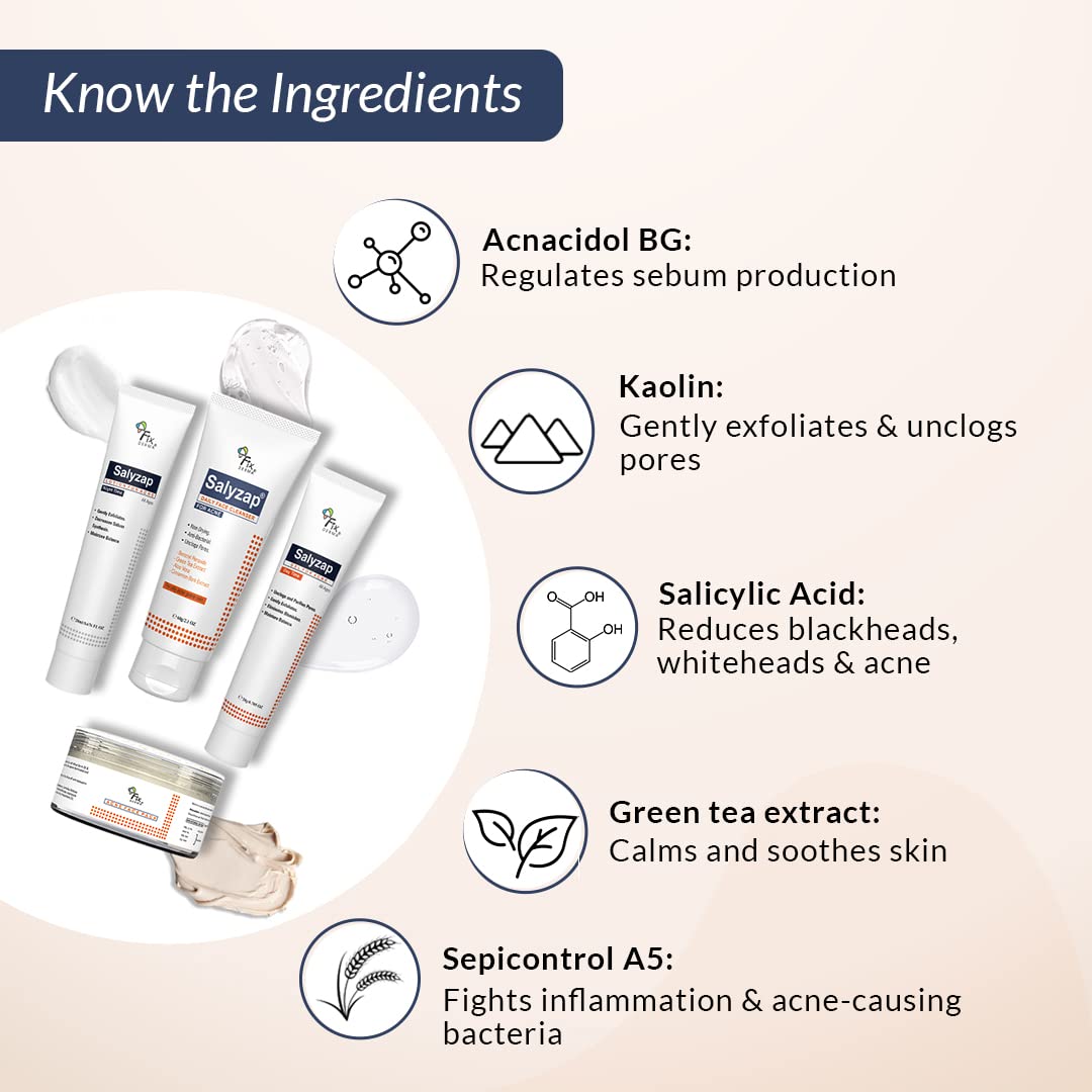 Fixderma Salyzap Acne Kit, Acne Kit for Face, Acne Control Kit, Complete Skincare Regimen for Acne and Dark Spots, Includes Salyzap Facewash, Day time gel, Night time gel and Face pack,