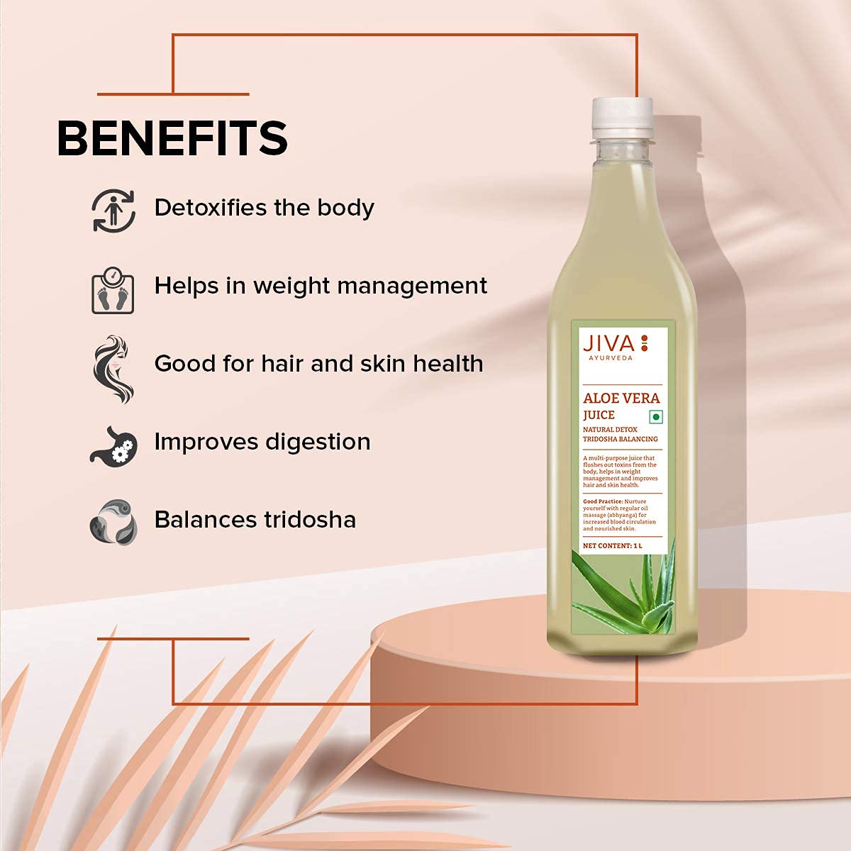 Jiva Aloe Vera Juice 1 Litre | Cold Pressed Juice Boosts Immunity, Improves Digestion, Detoxifies The Body | Promotes Healthy Skin & Hair | No Artificial Flavour & Suger (Pack of 1)