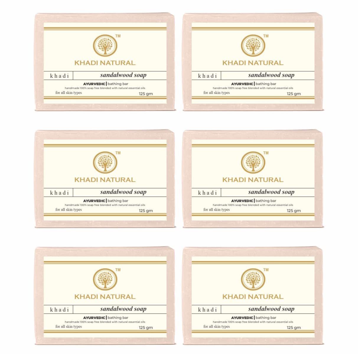 Khadi Natural Ayurvedic handmade bath soap 125g Each SANDALWOOD Soaps Pack of 6