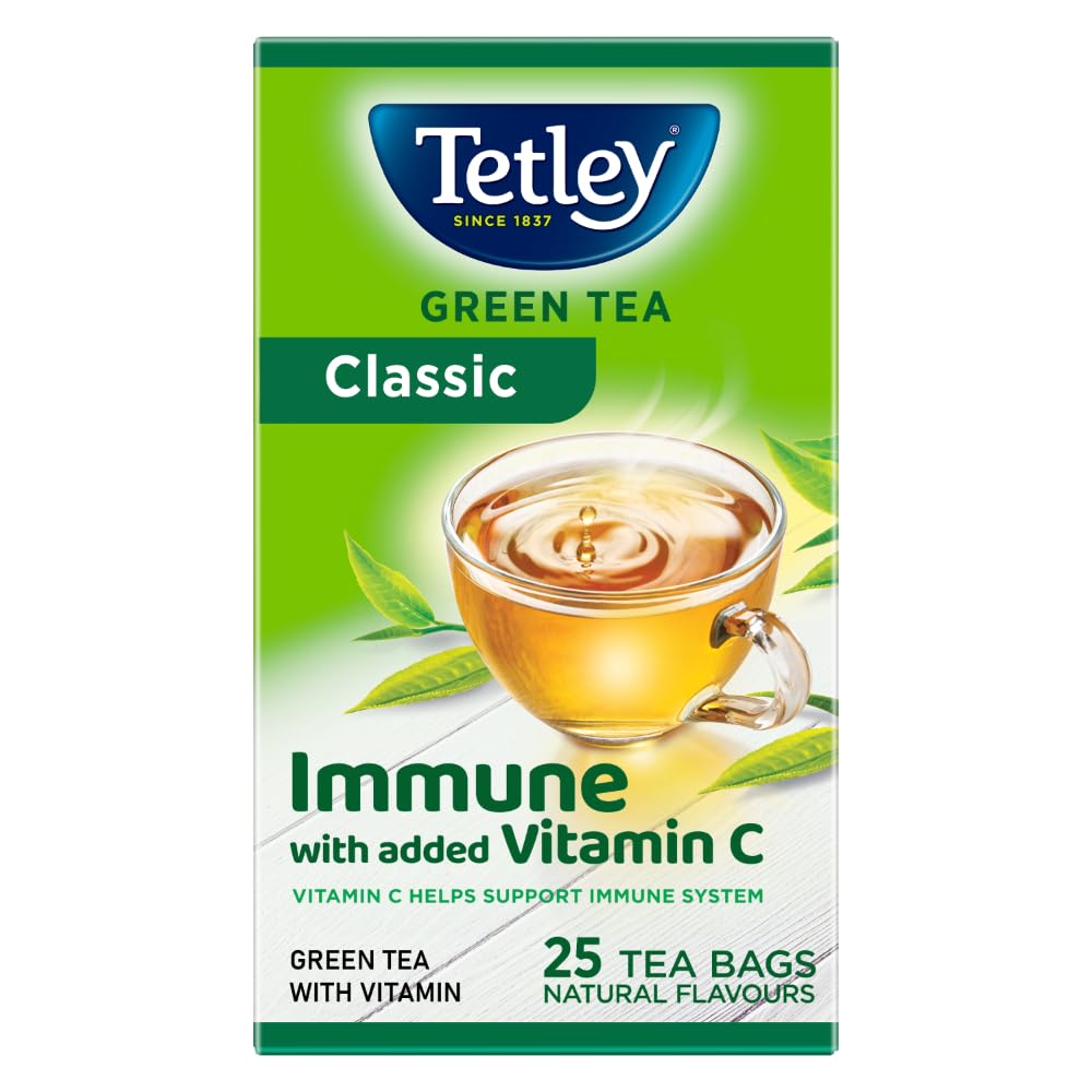 Tetley Green Tea Immune, With Added Vitamin C, Classic Green Tea Flavour, 25 Tea Bags, 1.3 Gram X 25