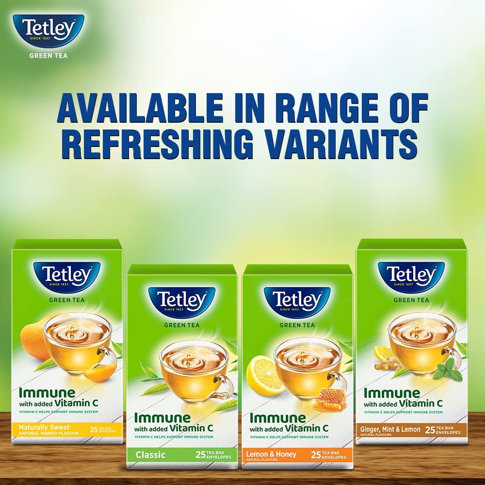 Tetley Green Tea Immune, With Added Vitamin C, Naturally Mango Flavour, 25 Tea Bags, 1.3gx25, 32 Grams