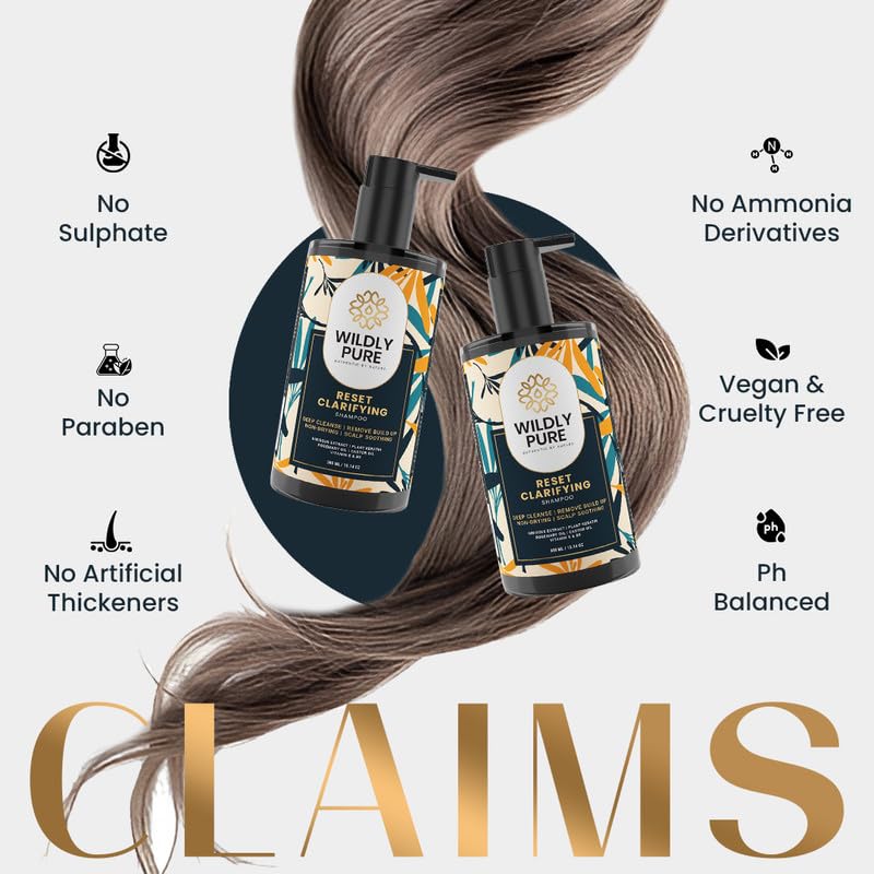 Wildly Pure Clarifying Shampoo for Hard Water & Metal Damage | For Oily Scalp & Low Porosity Hair | Deep Clensing removes Built Up & flakes | Rosemary, Hibiscus & Castor Oil | Sulphate, Paraben & Silicone Free | Men & Women | 300 ml (Reset)