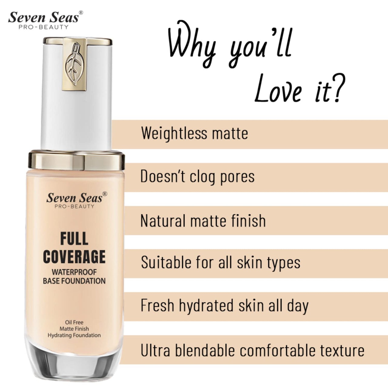 Seven Seas High Coverage Perfect Radiance Foundation for Flawless Finish Face Makeup, Super Stay Professional Waterproof Full Base Foundation for Oily Dry All Skin Women (Skin, 2)