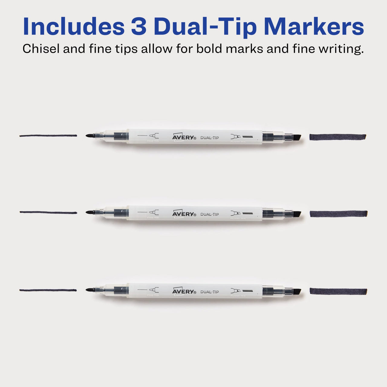 AVERY Dual Tip Markers, Fine Tip Marker and Chisel Tip Marker, Quick-Drying Water-Based Markers, Black, Ideal Planner Markers and Journal Markers, 3-Pack (25001)