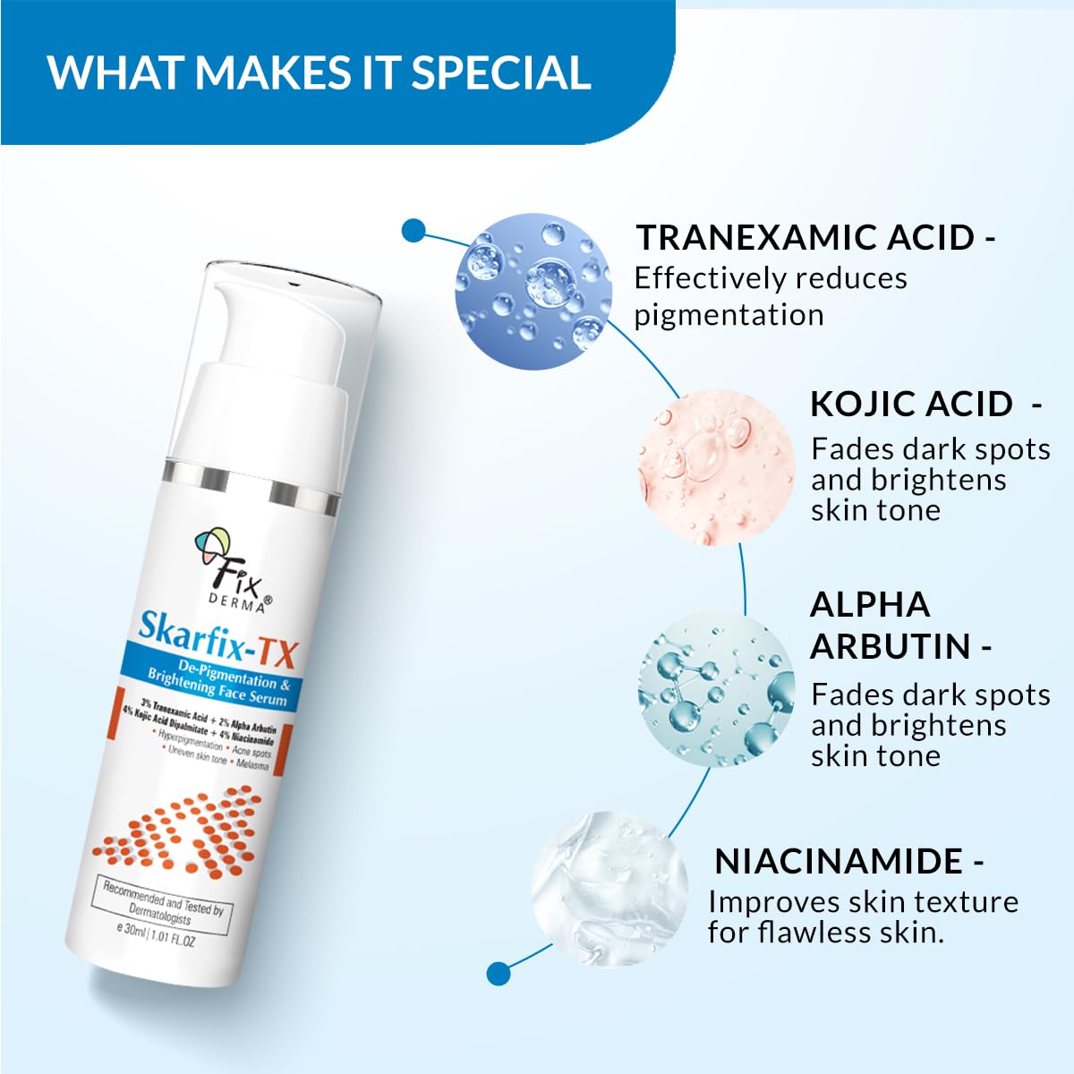 Fixderma Skarfix-TX Face Serum with 4% Kojic Acid, 4% Niacinamide Serum, 3% Tranexamic Acid & 2% Alpha Arbutin | Treats Hyper Pigmentation & Melasma | Reduce Acne Spots | brightening the Skin - 30Ml