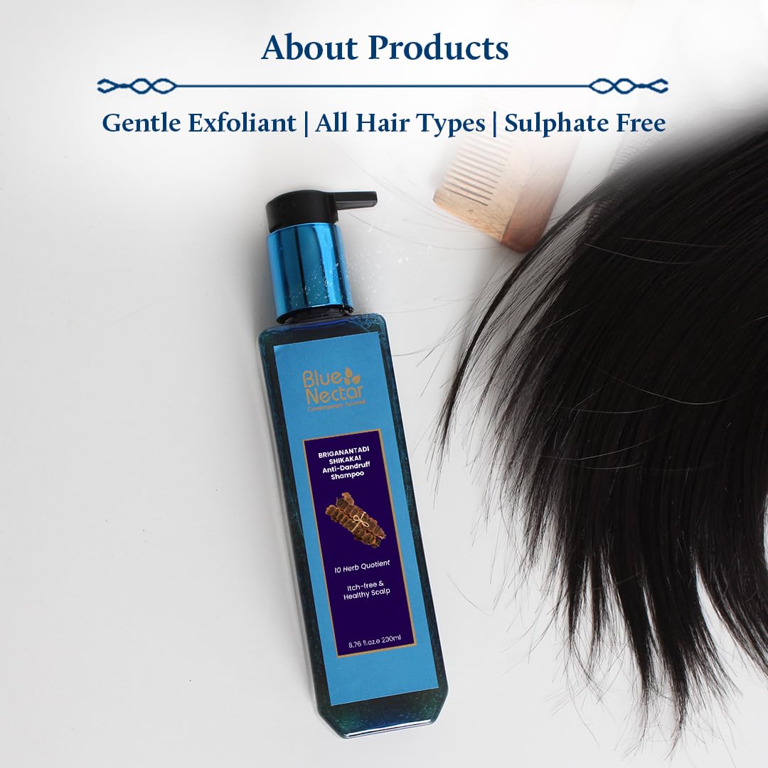 Blue Nectar Anti Dandruff and Healthy Scalp Hair Cleanser Shampoo with Bhringraj, Shikakai, Suitable for Colored Hair, Dry Frizzy Hair | Plant Based Alternate to Salicyclic Acid (10 Herbs, 200 ml)