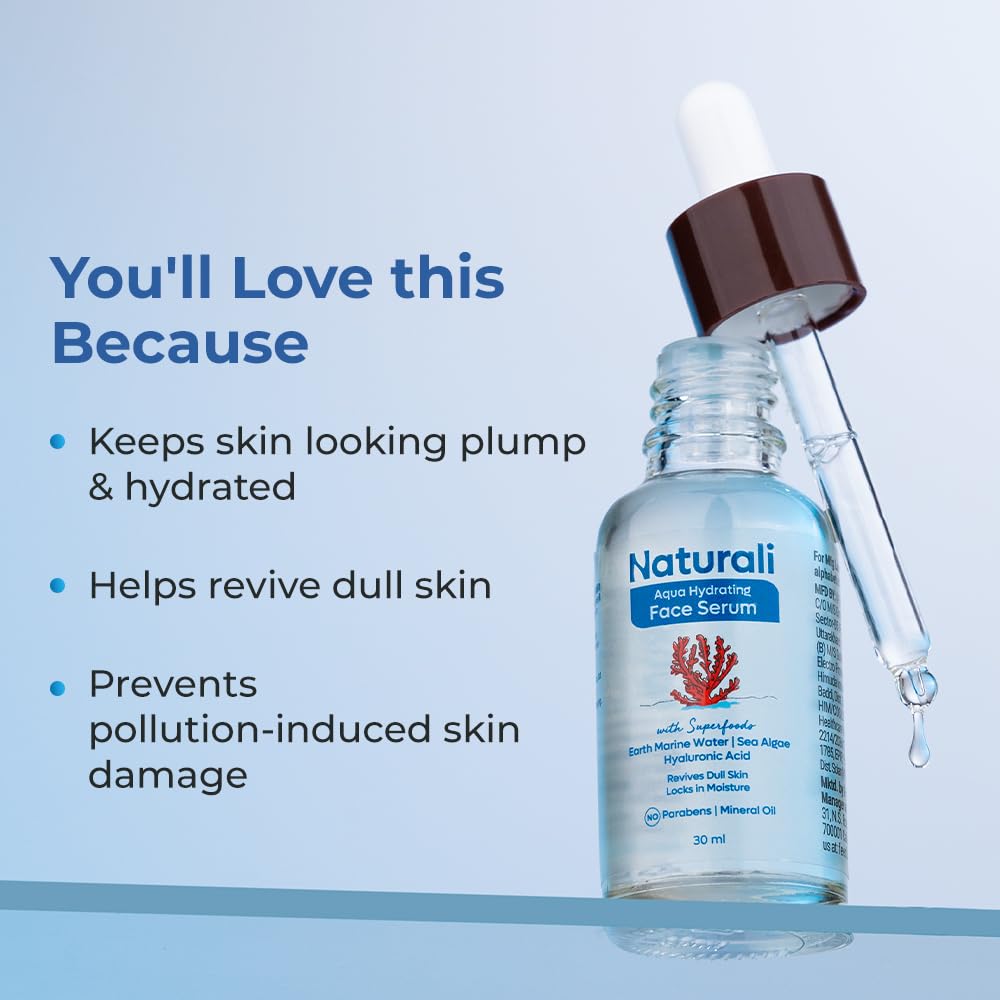 Naturali Aqua Hydrating Face Serum With Earth Marine Water, Sea Algae & Hyaluronic Acid | Locks In Moisture | Revives Dull Skin | Paraben & Mineral Oil Free | 30ml