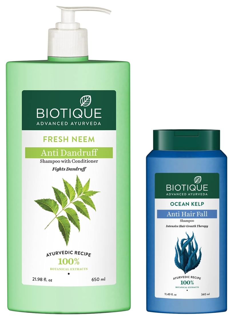 Biotique Bio Kelp Protein Shampoo for Falling Hair Intensive Hair Regrowth Treatment, 340ml And Biotique Bio Neem Margosa Anti Dandruff Shampoo and Conditioner, 650ml
