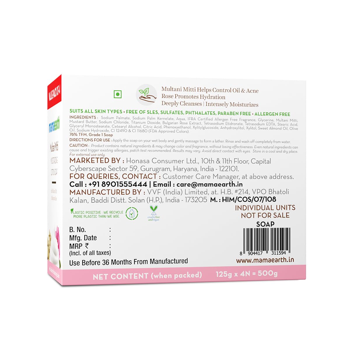 Mamaearth Multani Mitti Moisturizing Lotion Soap with Multani Mitti & Rose for Oil Control & Acne 125g (Pack of 4) | Benefits of Lotion in a Soap | Deeply Cleanses & Moisturizes | Grade 1 Acne Soap