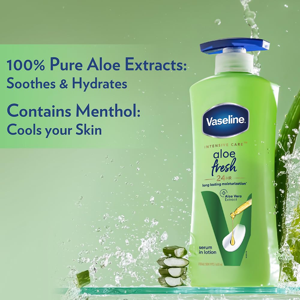 Vaseline Aloe Fresh Body Lotion,24 HR Long Lasting Moisturisation with Aloe Vera extract and Menthol, 600ml
