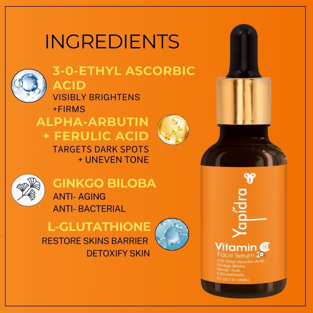 Yapidra Vitamin C 20% Face Serum | Brightening & Hydrating with Ferulic Acid & L-Glutathione | Boosts Radiance, Fights Oxidative Stress, Improves Texture | Lightweight | For All Skin Types | 30ml