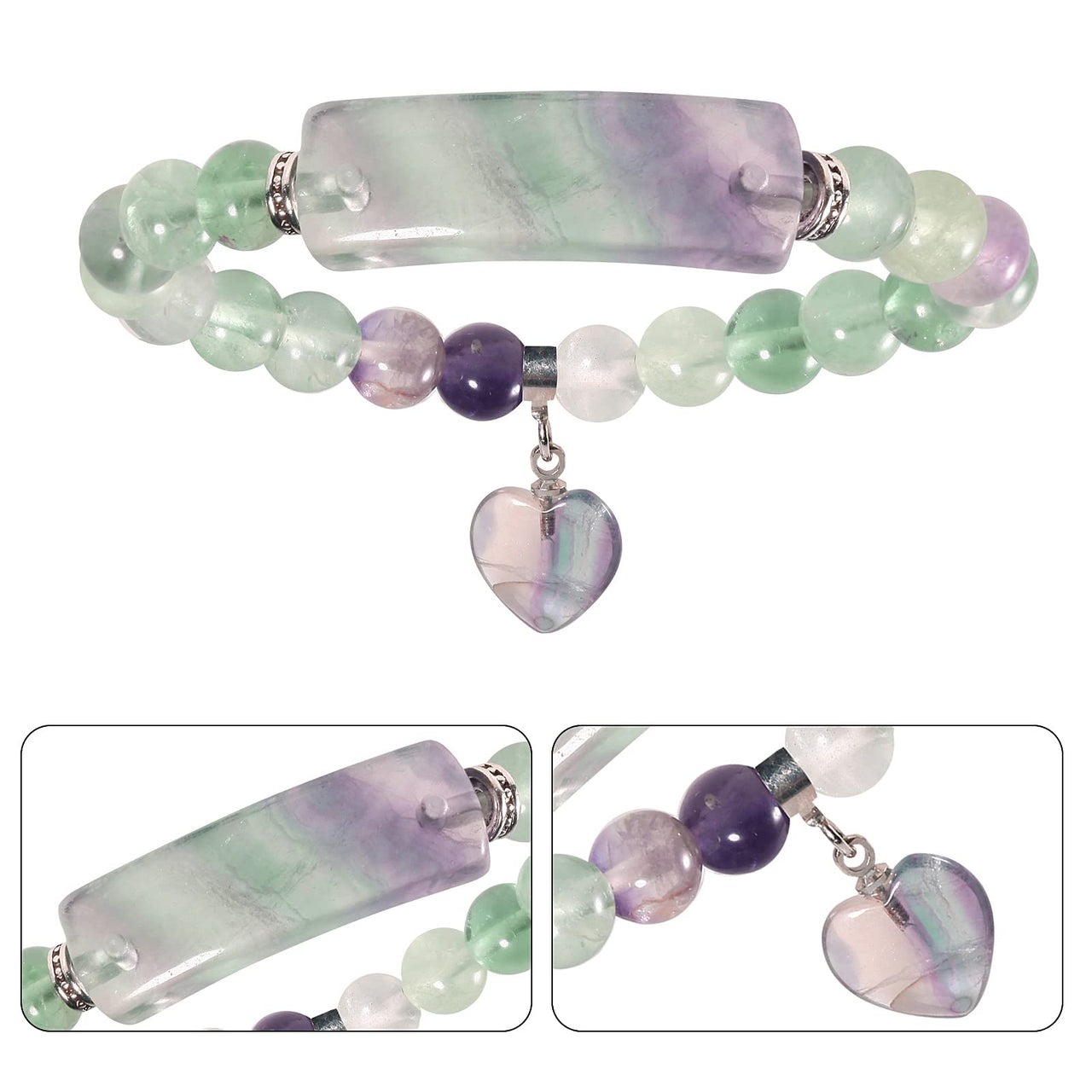 TUMBEELLUWA Healing Stone Bracelet 8mm Beads Chakra Crystal Energy Heart Charm Bracelet Handmade Jewelry for Women #6 fluorite crystal stone