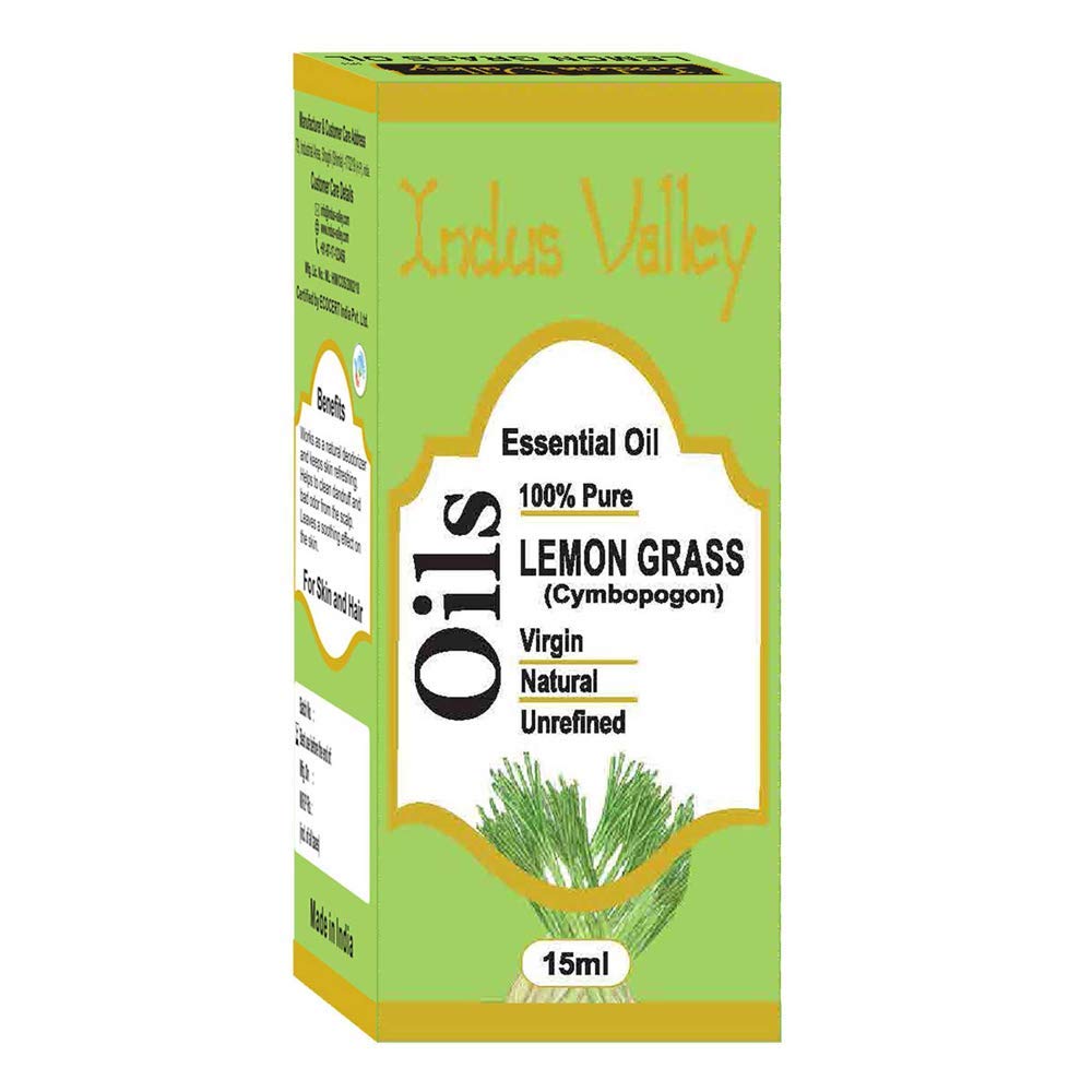 Indus Valley 100% Pure Natural & Organic, Undiluted lemongrass Essential Oil with Glass Dropper for Skin, Hair Care -15ml