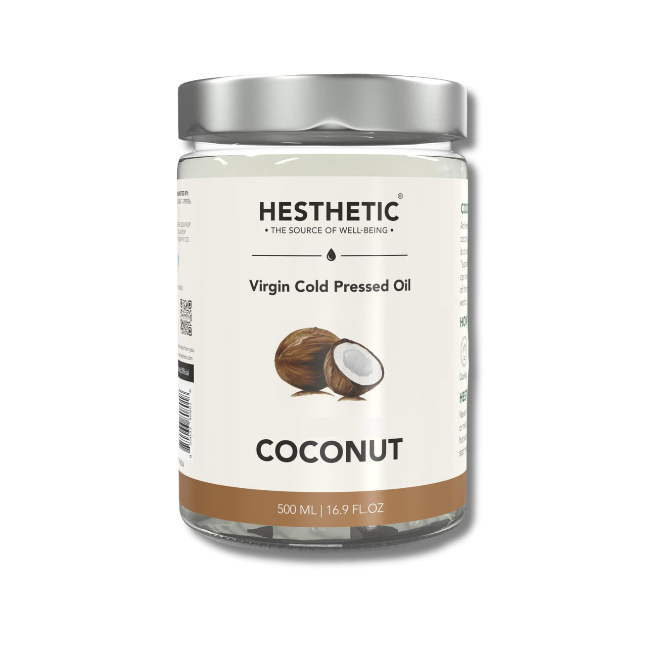 HESTHETIC - Virgin Cold Pressed Coconut Oil | 500ml Glass Jar | Multi-Purpose Oil for Cooking, Baking, Salads, Smoothies, Hair, Skin, Massage, Oil Pulling & More | 100% Pure & Natural Nariyal oil