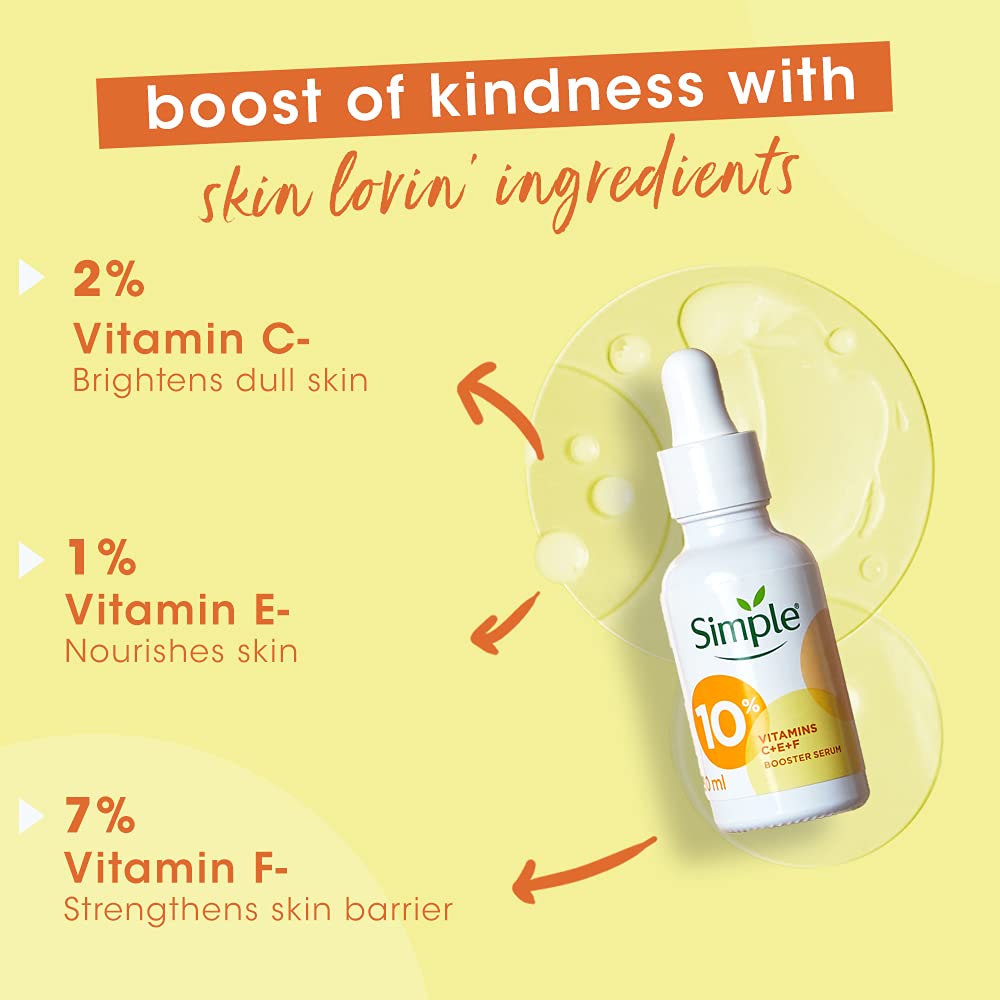 Simple Booster Serum 10% Vitamin C+E+F For Youthful Glowing Skin, 30 ml+Simple Kind To Skin Refreshing Facial Wash 150 ml