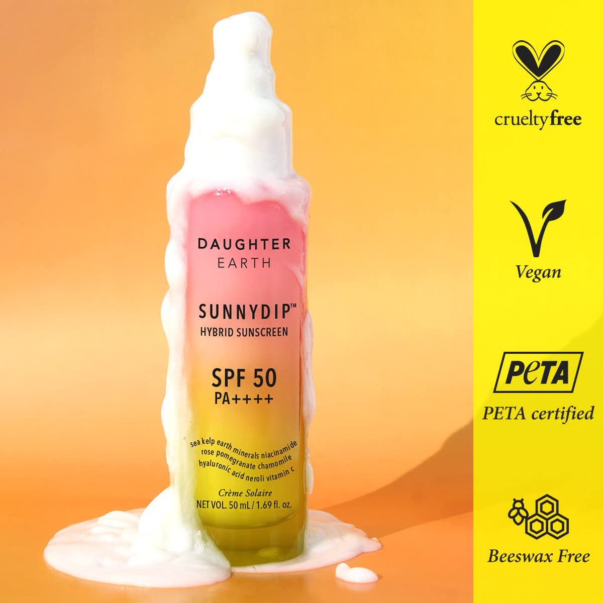 DAUGHTER EARTH Sunnydip Hybrid Sunscreen SPF 50 PA++++ | No White Cast, Hydrating Broad Spectrum, Very High Protection With Vitamin C & Sea Kelp | Lightweight, Non-Greasy For All Skin Types - 50ml
