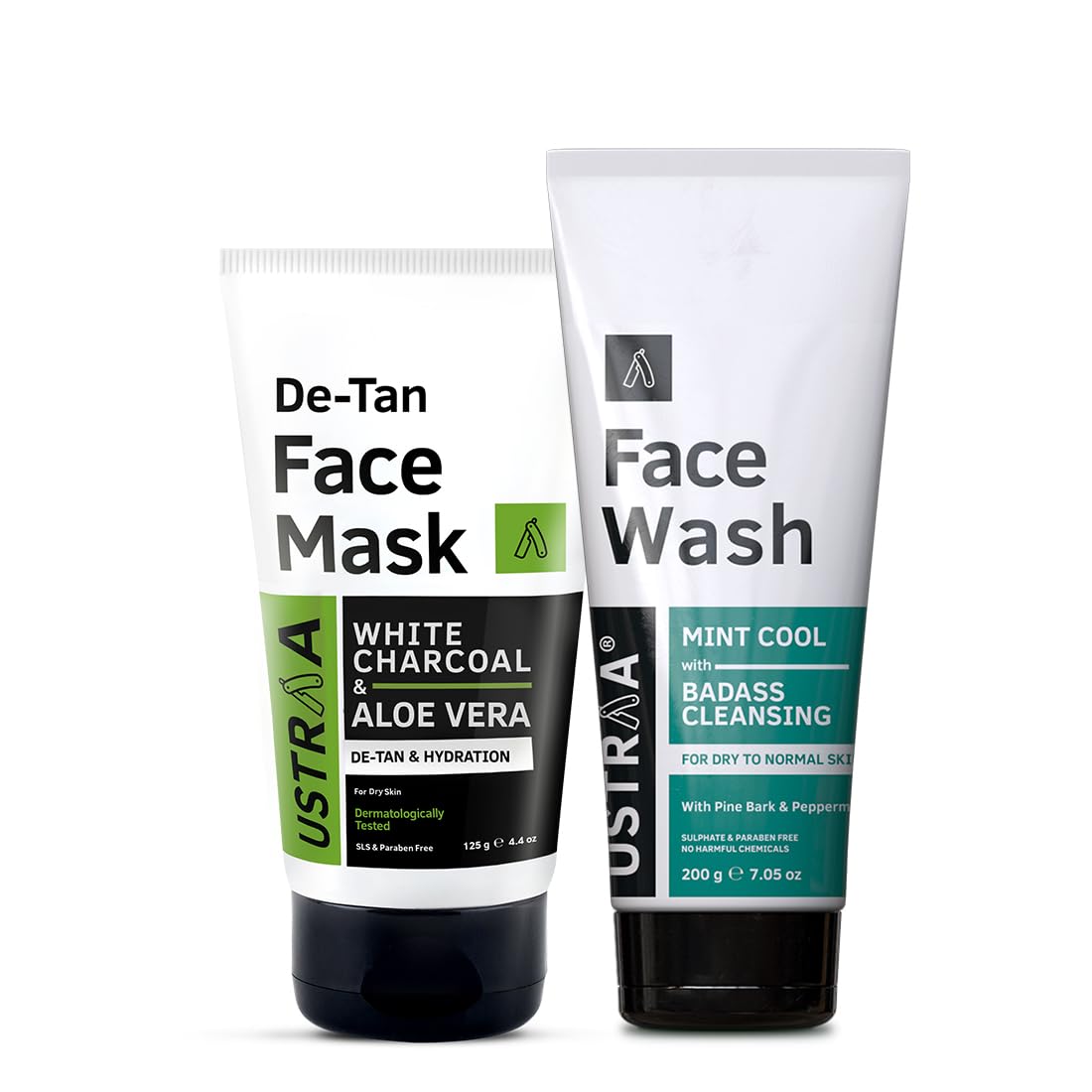 Ustraa De-Tan Face Mask - Dry Skin - 125g - Wash-off mask | with White Charcoal | Effectively Removes Tan & Pollutant & Face Wash - Mint Cool - Dry Skin - 200g | Reduces Moisture Loss | Removes Dirt
