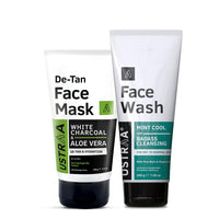Ustraa De-Tan Face Mask - Dry Skin - 125g - Wash-off mask | with White Charcoal | Effectively Removes Tan & Pollutant & Face Wash - Mint Cool - Dry Skin - 200g | Reduces Moisture Loss | Removes Dirt