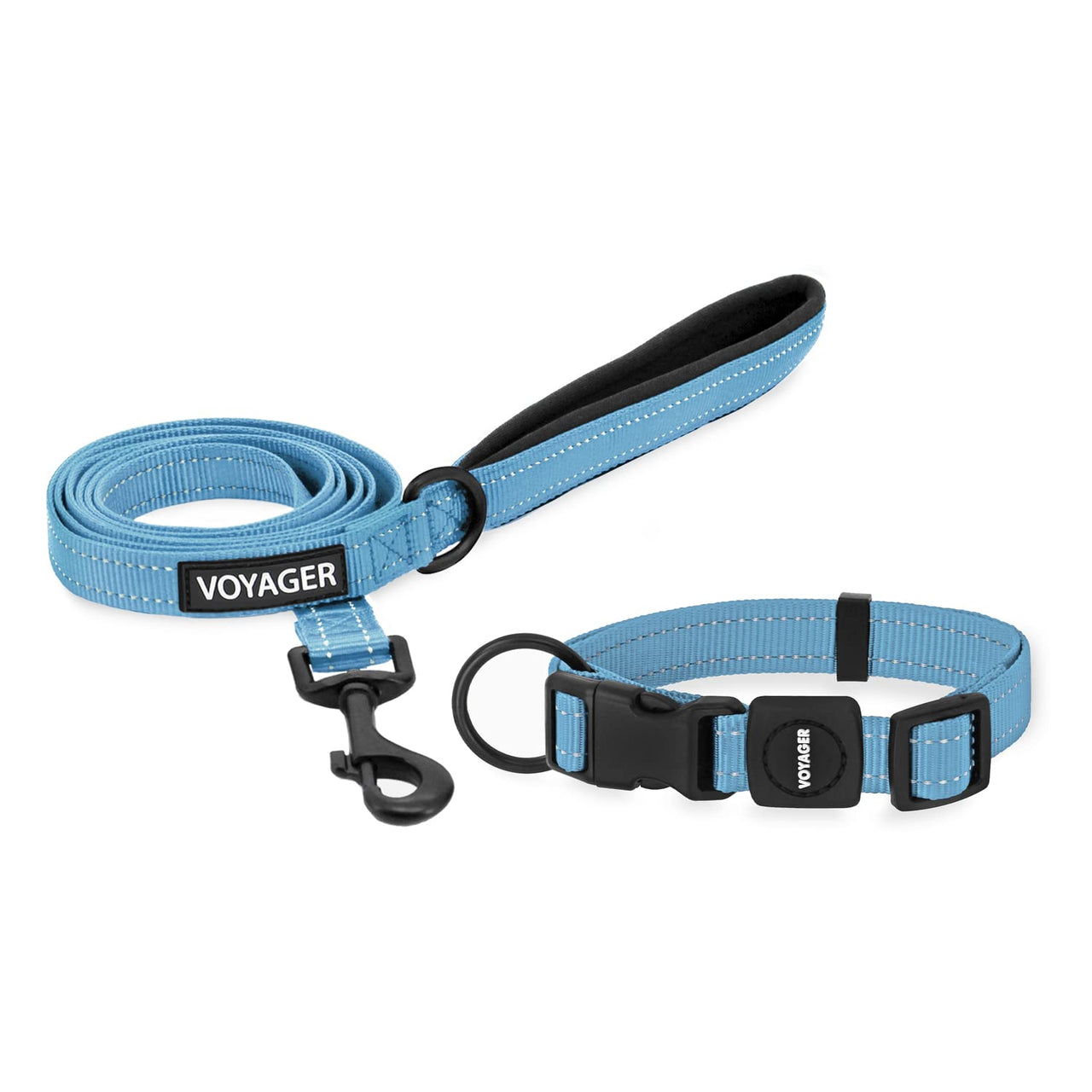 Voyager Reflective Dog Leash Collar Set with Neoprene Handle Supports Small, Medium, and Large Breed Puppies, Cute and Heavy Duty for Walking, Running, and Training - Baby Blue, L