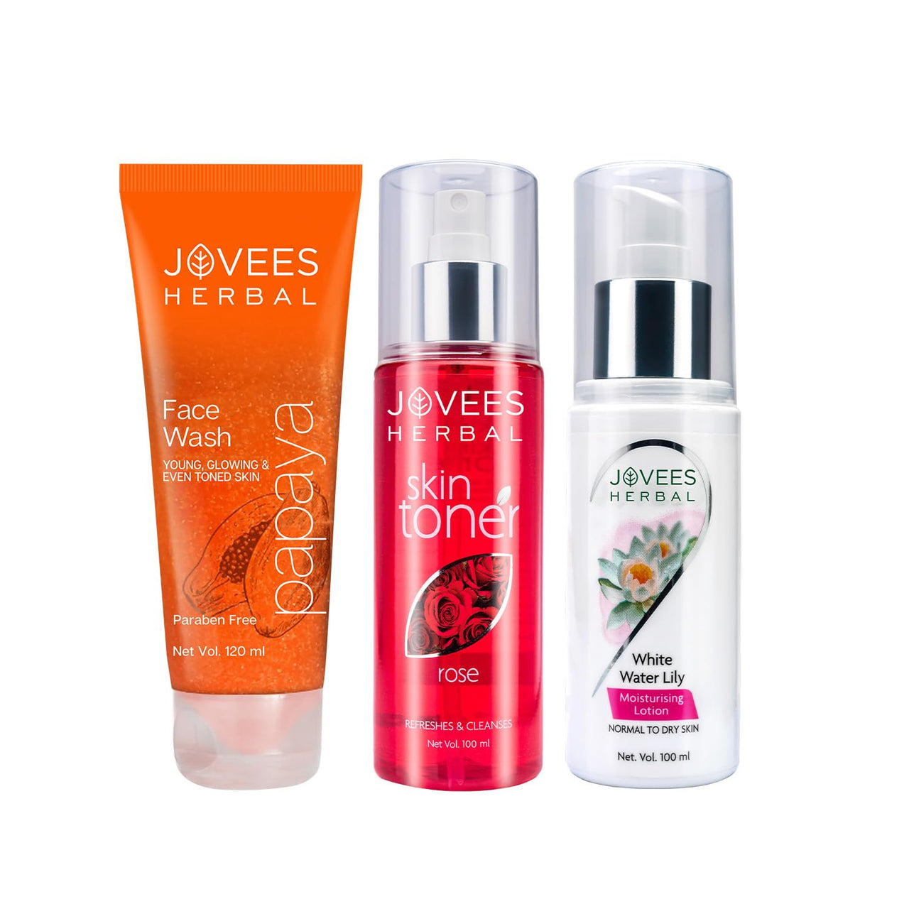 Jovees Herbal Normal Skin Routine Papaya Face Wash 120ml & Rose Toner 100ml and White Water Lily Lotion 100ml (Set of 3)