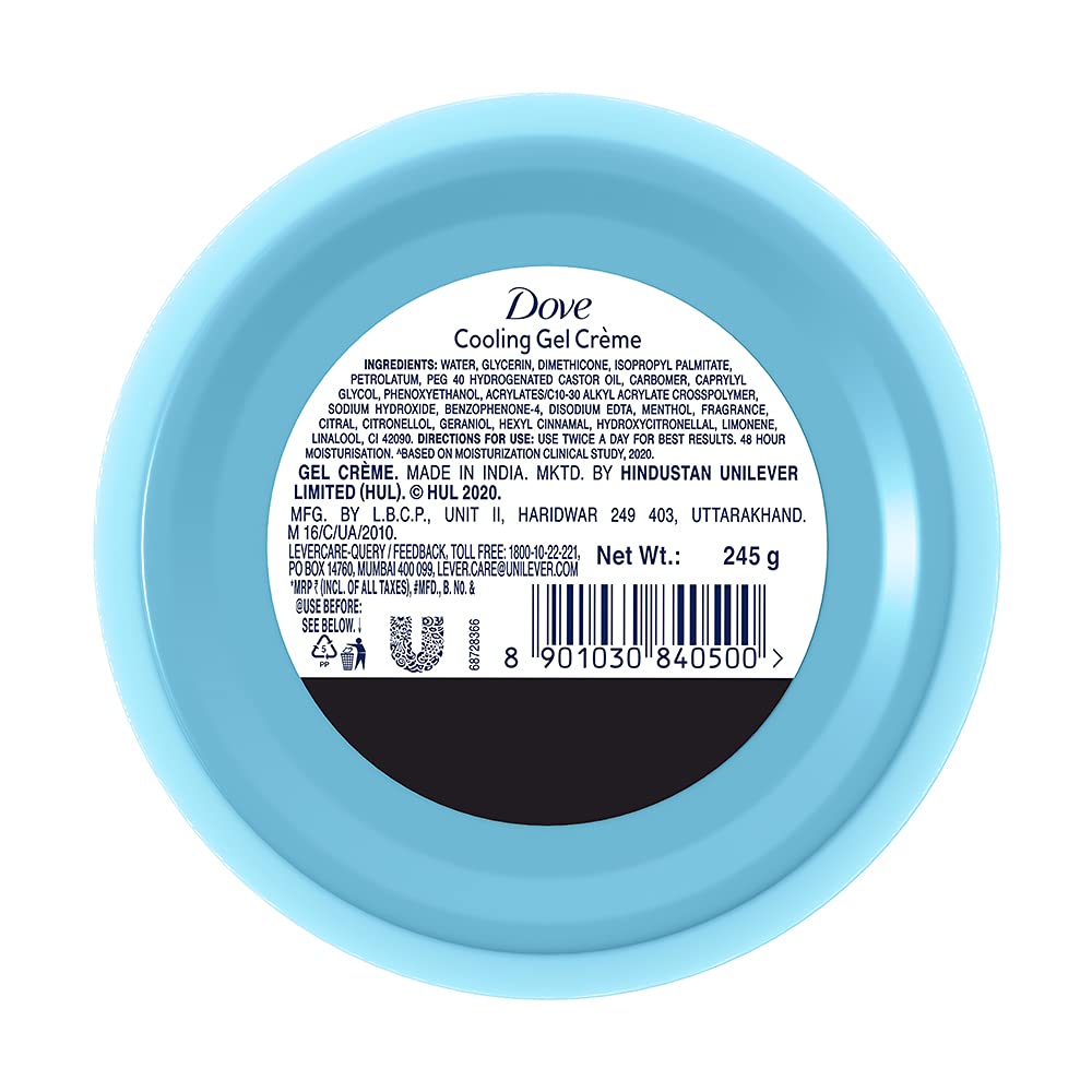 Dove Cooling Gel Crème (Cream), 48 Hrs Long Lasting Hydration, Lightweight, Oil Free Moisturizer For Smooth Skin, Paraben Free, 245 g