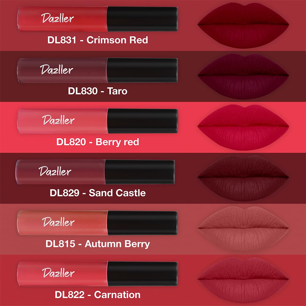Dazller Lip Colour Lipstick Combo Pack of 6|Vibrant Matte Liquid Lipstick for Women|Long Stay|Smudge-Proof|Non-Transfer|Red Masala|21.6g
