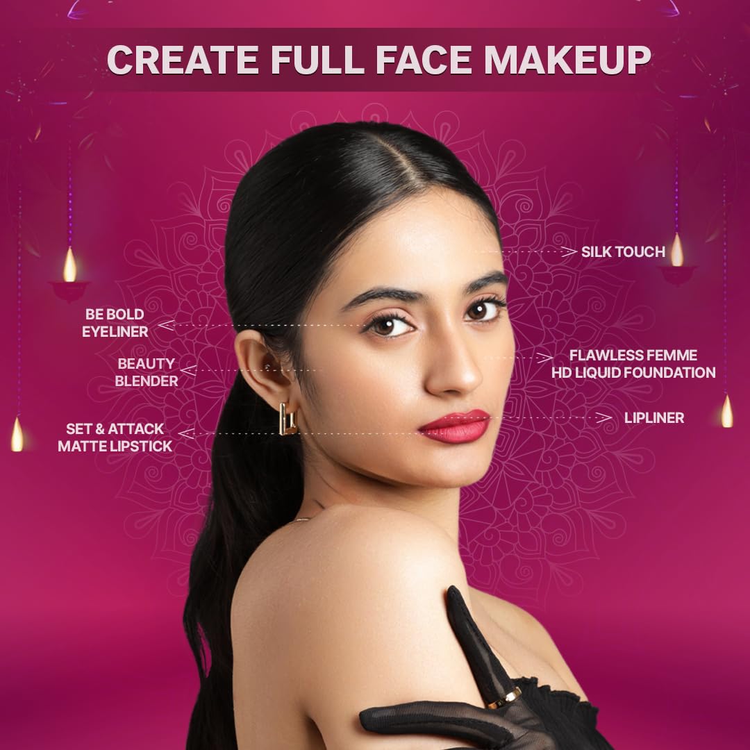 FLiCKA Wedding, Anniversary Gift Makeup Box Combo Pack | 3 in 1 Silk Touch Primer Moisturizer, Flawless Foundation, Beauty Blender, Set & Attack Lipsticks, Be Bold Eyeliner, Lipliner, Vanity Box | Best Gift hamper for Sister, Girlfriend, Wife, Mother