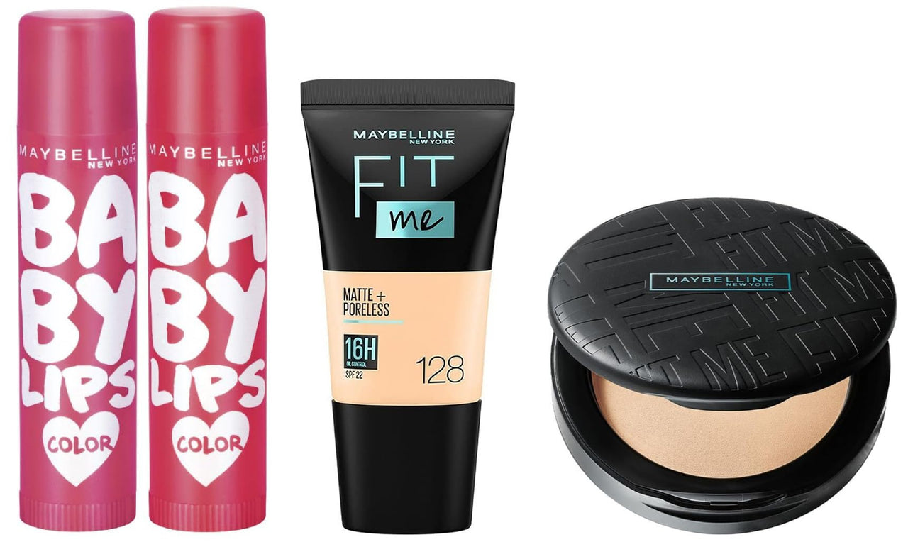 Maybelline New York Lip Balm & Maybelline New York Liquid Foundation, Matte & Maybelline New York Compact Powder, With SPF to Protect Skin from Sun, Absorbs Oil, Fit Me, 20 Natural Beige, 6g