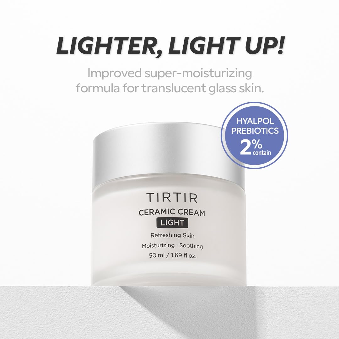 TIRTIR Ceramic Cream Light | Deep moisturizer for Glass Skin, Polyglutamic acid, Centella Asiatica Extract, Skin barrier, Lightweight, Mild, | Nature derived ingredients | Dry skin, Korean skincare