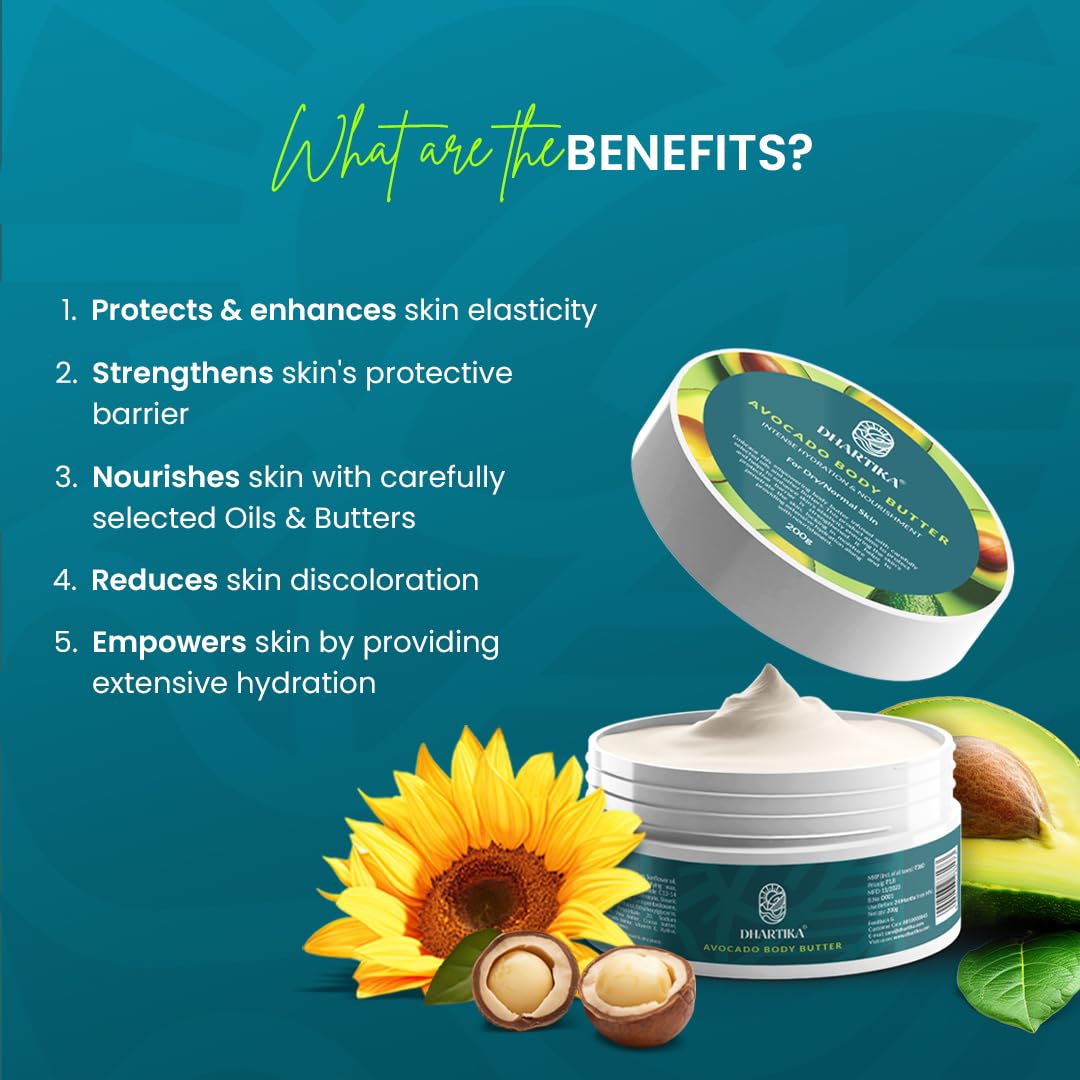 Dhartika Avocado Body Butter - Deeply Hydrating & Nourishing, Enriched with Natural Oils & Butters for Enhanced Skin Elasticity