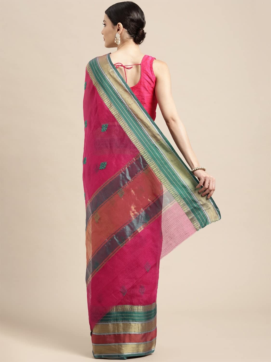 leeza store Women's  Jacquard Dobby Butta Butti Rich Kota Doria Cotton Silk Saree With Blouse Piece Green