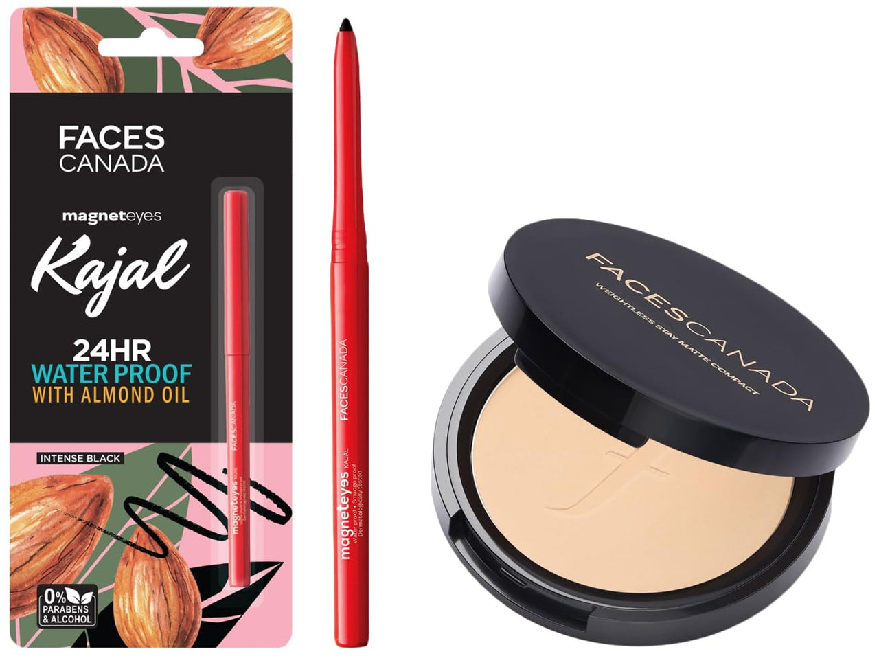 Faces Canada Combo - Weightless Matte Compact SPF-20 Vitamin E & Shea Butter Natural (9gm) & Magneteyes Kajal (0.35gm)
