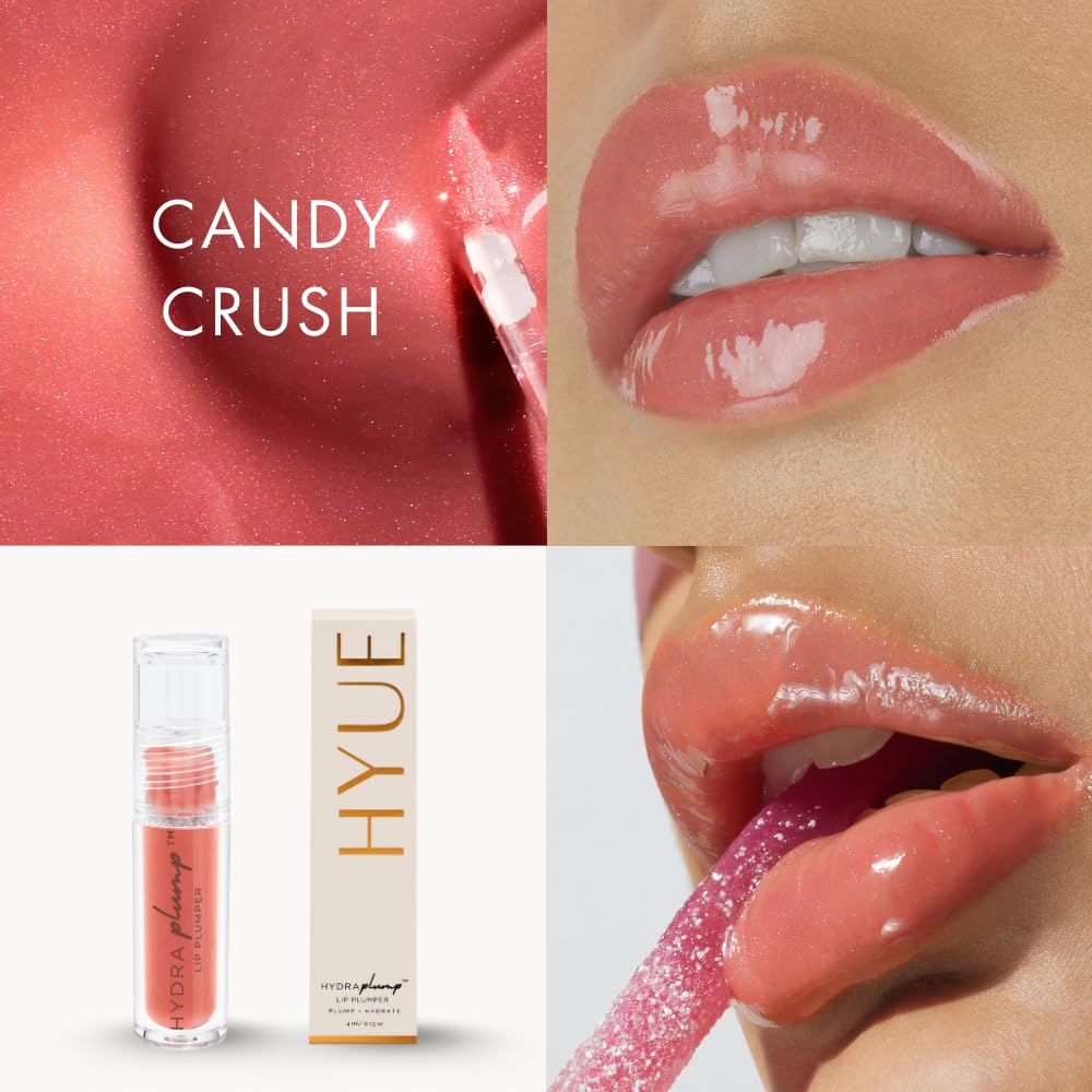 HYUE HydraPlump™ Lip Plumper | 4 ml | Long-term Plumping Effect & Hydration | Non-sticky Formula with Cooling Ice Cube sensation | Jojoba Oil, Vit E & Pomegranate Extract | Flat-tip Applicator (Candy Crush, 4)