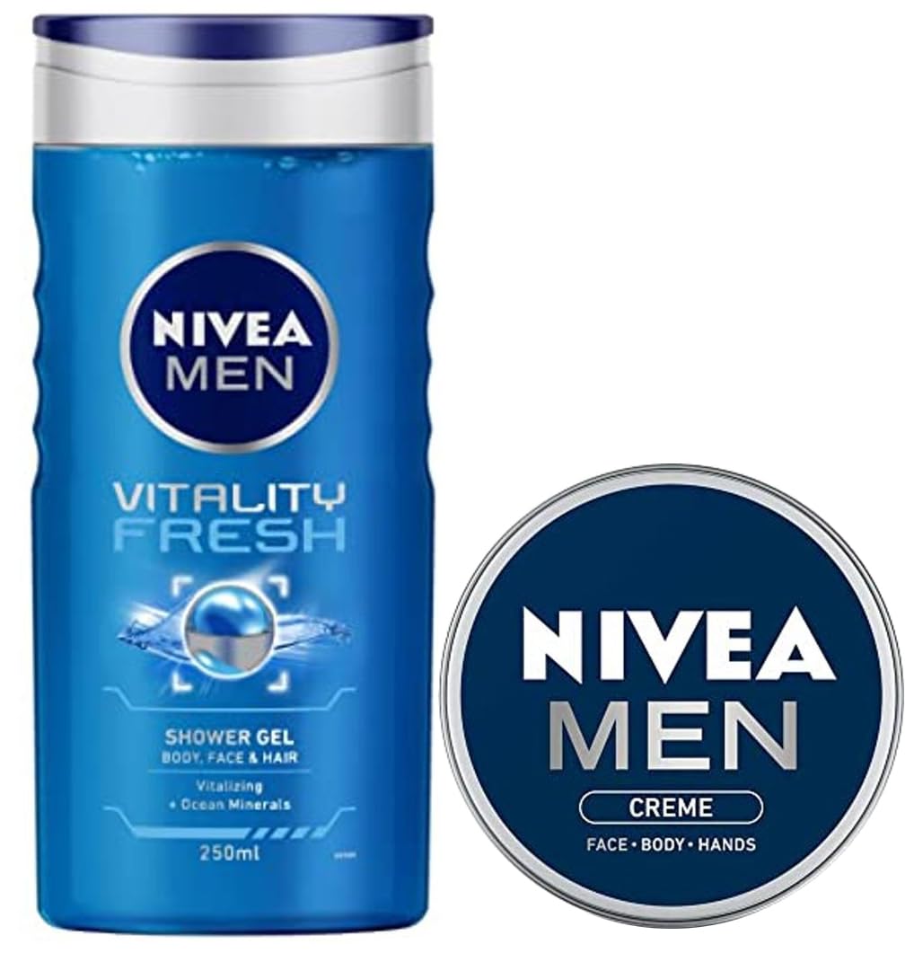 NIVEA Men Crème, Non Greasy Moisturizer, Cream for Face, Body & Hands, 75 ml & NIVEA Men Body Wash, Vitality Fresh with Ocean Minerals, Shower Gel for Body, Face & Hair, 250 ml