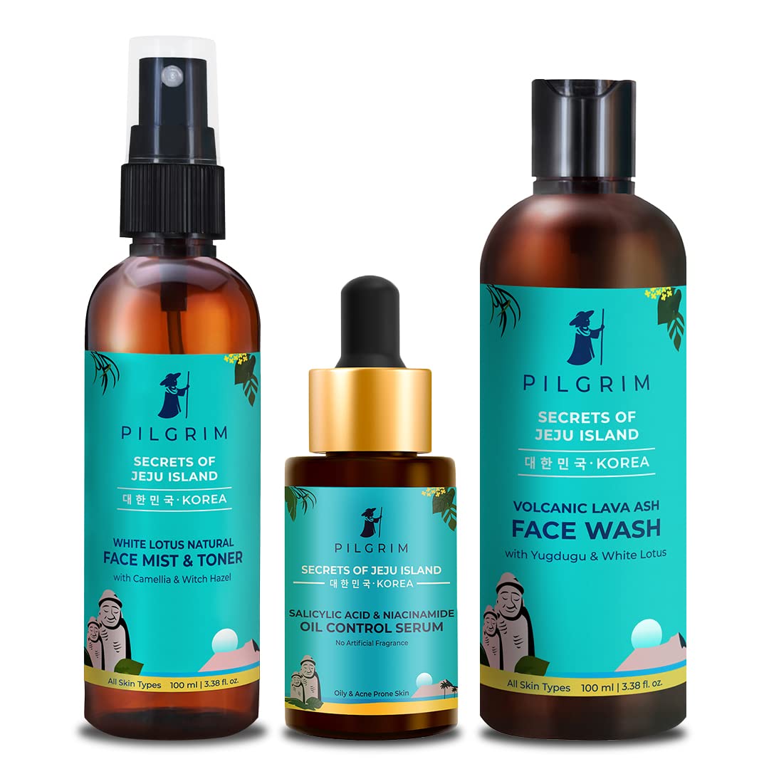 Pilgrim Oily Skin Rescue Kit with 2% Salicylic Acid & Niacinamide Oil Control Serum 30ml, Pore Cleansing Face Wash 100ml, Alcohol Free Face Mist & Toner 100ml | Prevents Acne, Minimizes Pores